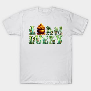 I am lucky watercolor pretty Leprechaun Pot Of Golden coins cute alphabet Irish Cultural St Patrick's Day Shamrock 4 leaf clover green letter T-Shirt